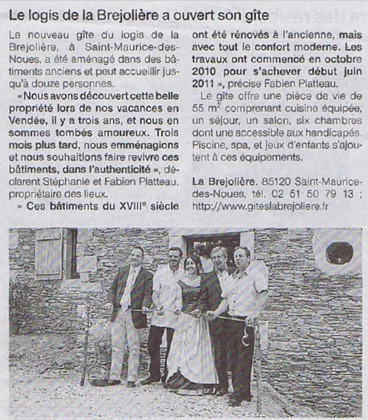 Article inauguration gîtes La Bréjolière