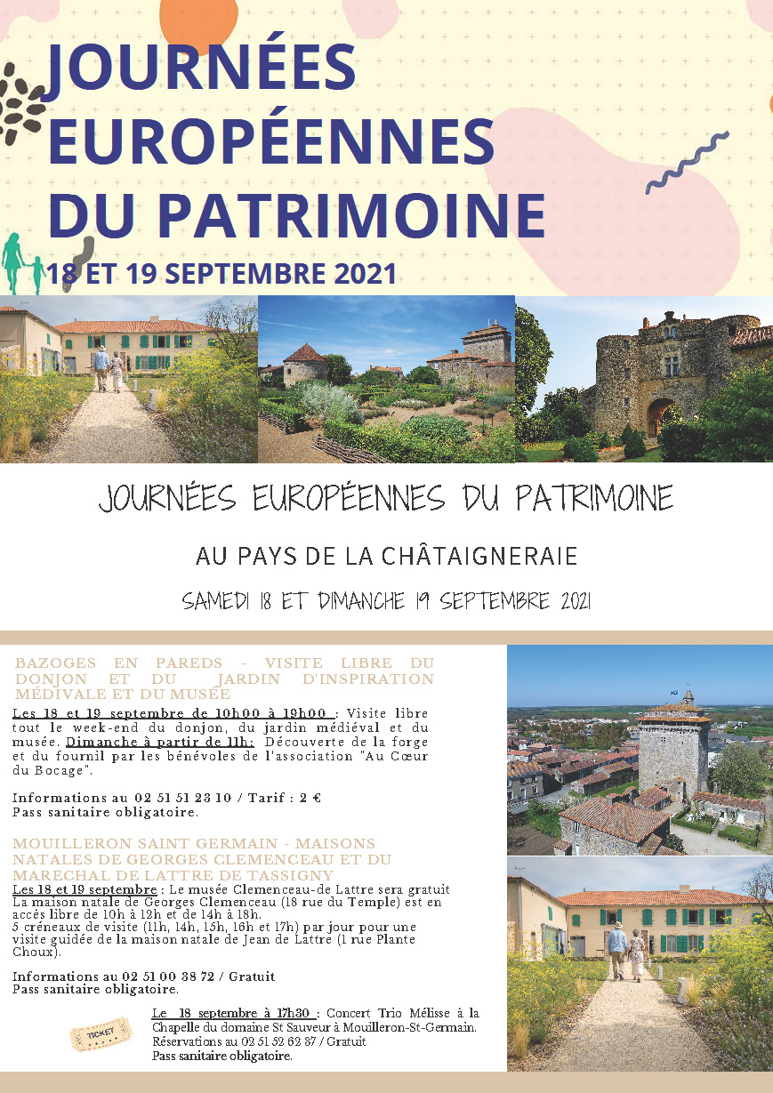 Programme des « Journées Européennes du Patrimoine » au Pays de la Châtaigneraie pour le 18 et le 19 septembre 2021. 