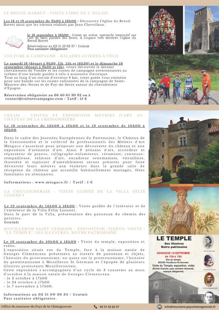 Programme des « Journées Européennes du Patrimoine » au Pays de la Châtaigneraie pour le 18 et le 19 septembre 2021. 